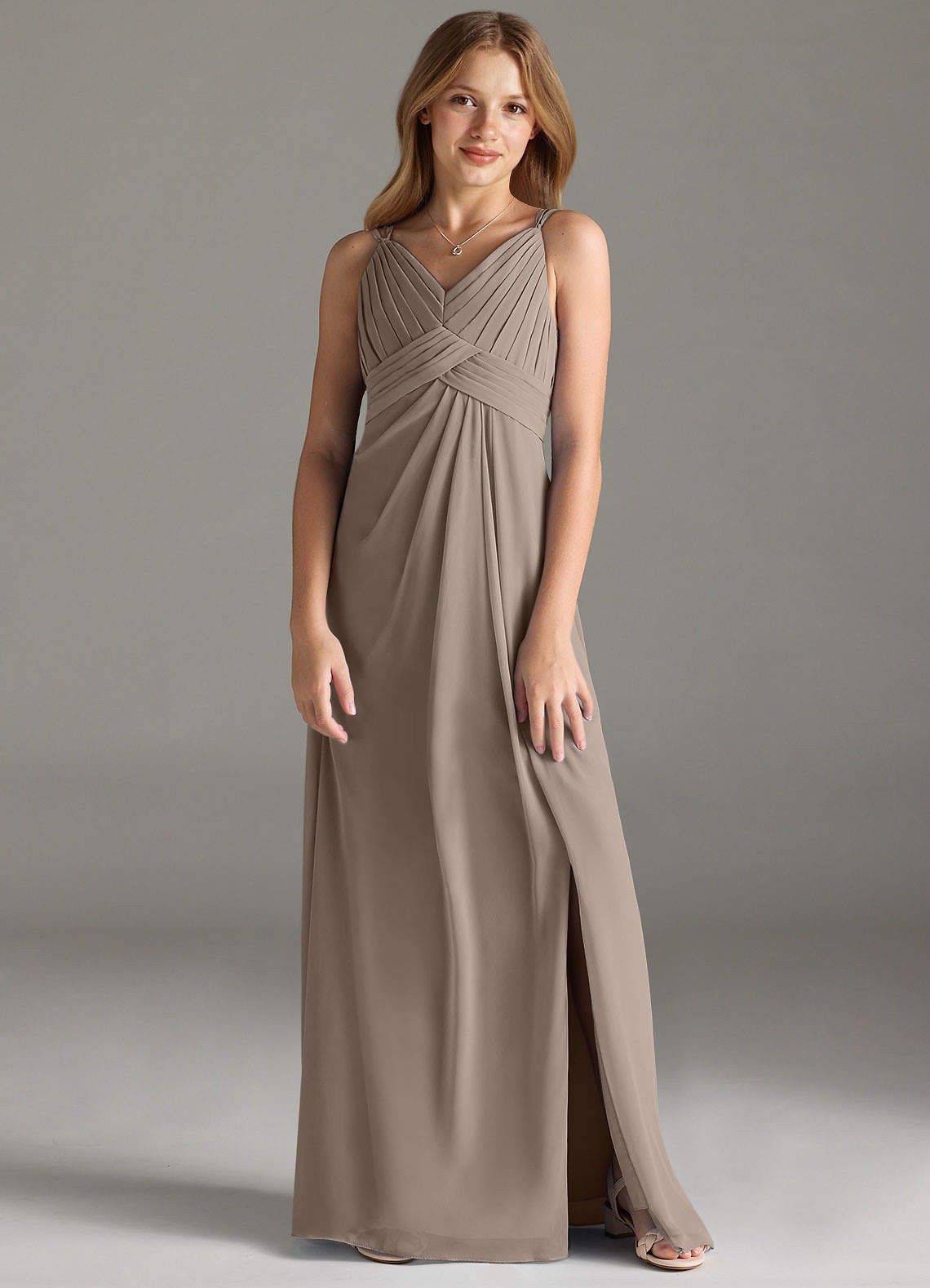 Azazie Maren Allure Junior Taupe A-Line Lace Chiffon Dress image1