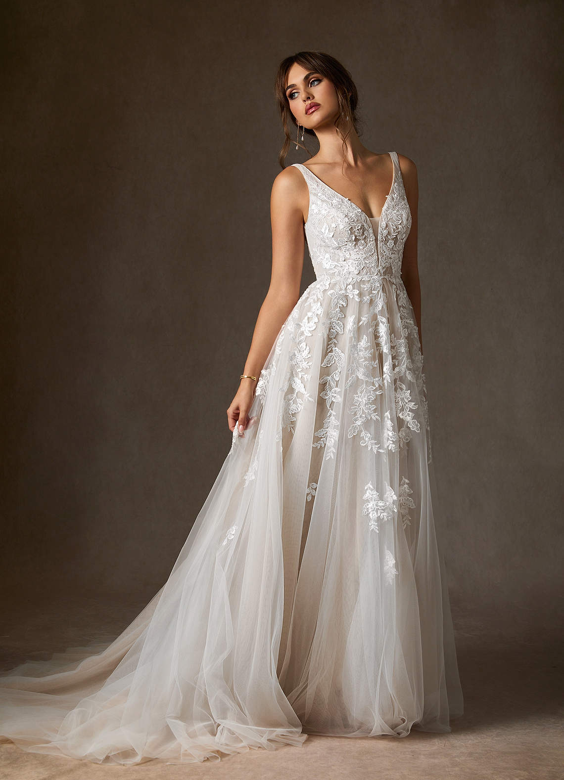 Azazie Sorella Wedding Dresses Diamond White A-Line V-Neck Sequins Tulle Dress image7