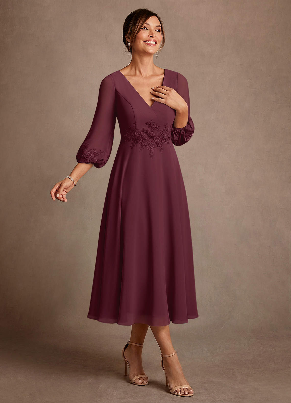 Azazie Ana Vestidos para mãe da noiva Vestido Cabernet de Chiffon de Linha A com Renda image1