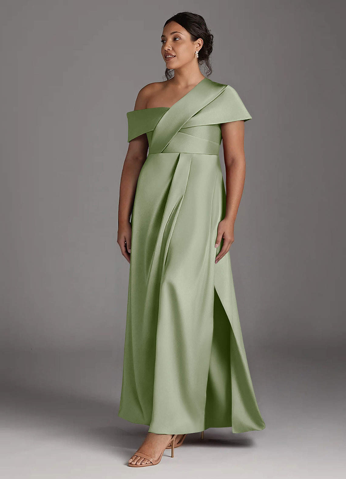 Azazie Milton Mother of the Bride Dresses Dusty Sage A-Line Pleated Stretch Satin Dress image10