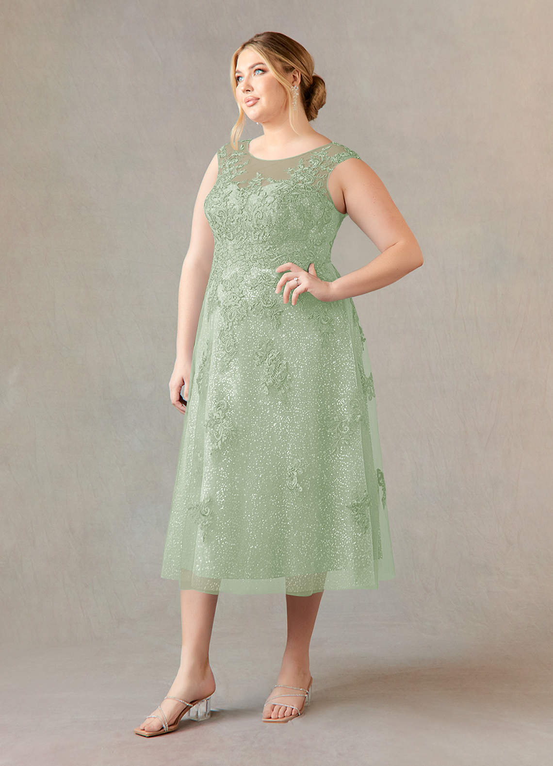 Azazie Flynn Mother of the Bride Dresses Dusty Sage A-Line Boatneck Lace Tulle Dress image7
