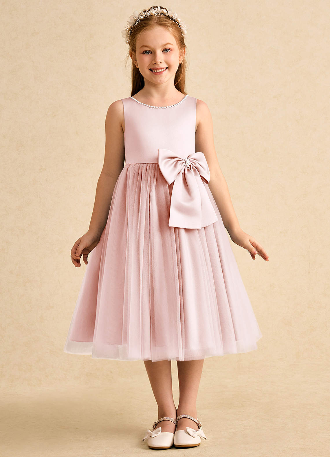 Azazie Twinsie Abiti da Ragazza di Fiori Abito A-Line in Tulle Fiocco Rosa Rossore image1