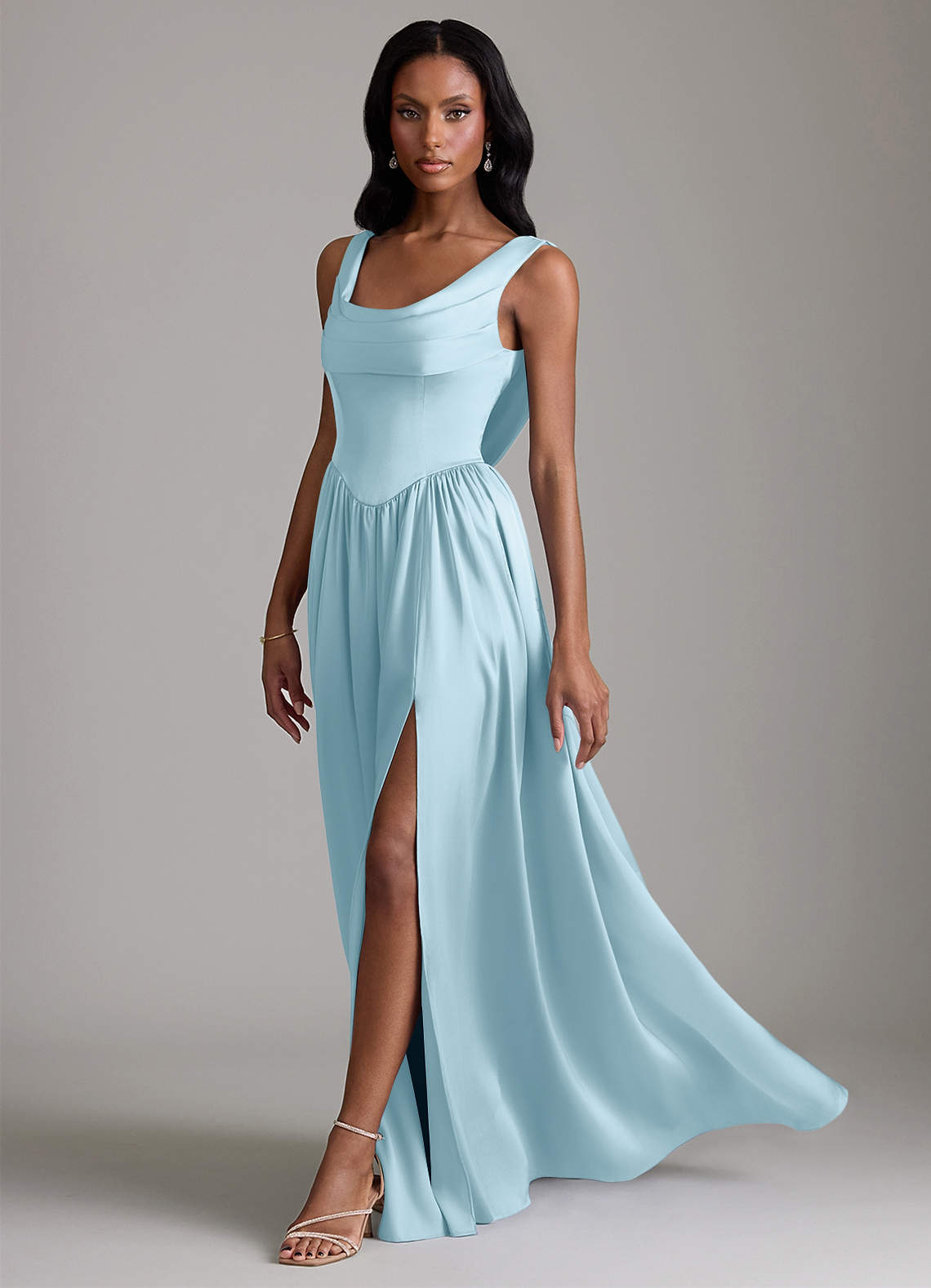 Azazie Novi At-home Try On Dresses Sky Blue A-Line with Pockets Stretch Satin Dress image5