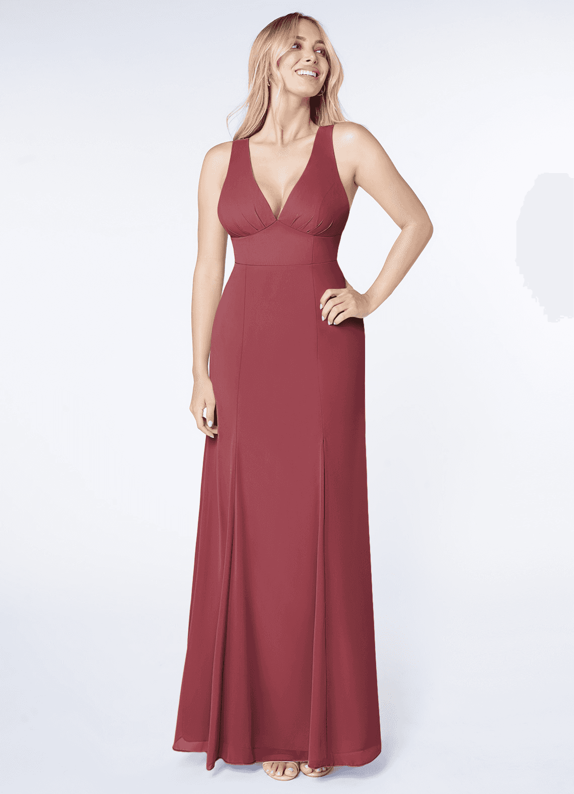 Azazie Christiana Jurken voor bruidsmeisjes Jurk van Chiffon met A-Lijn V-hals Gevouwen Merlot image1