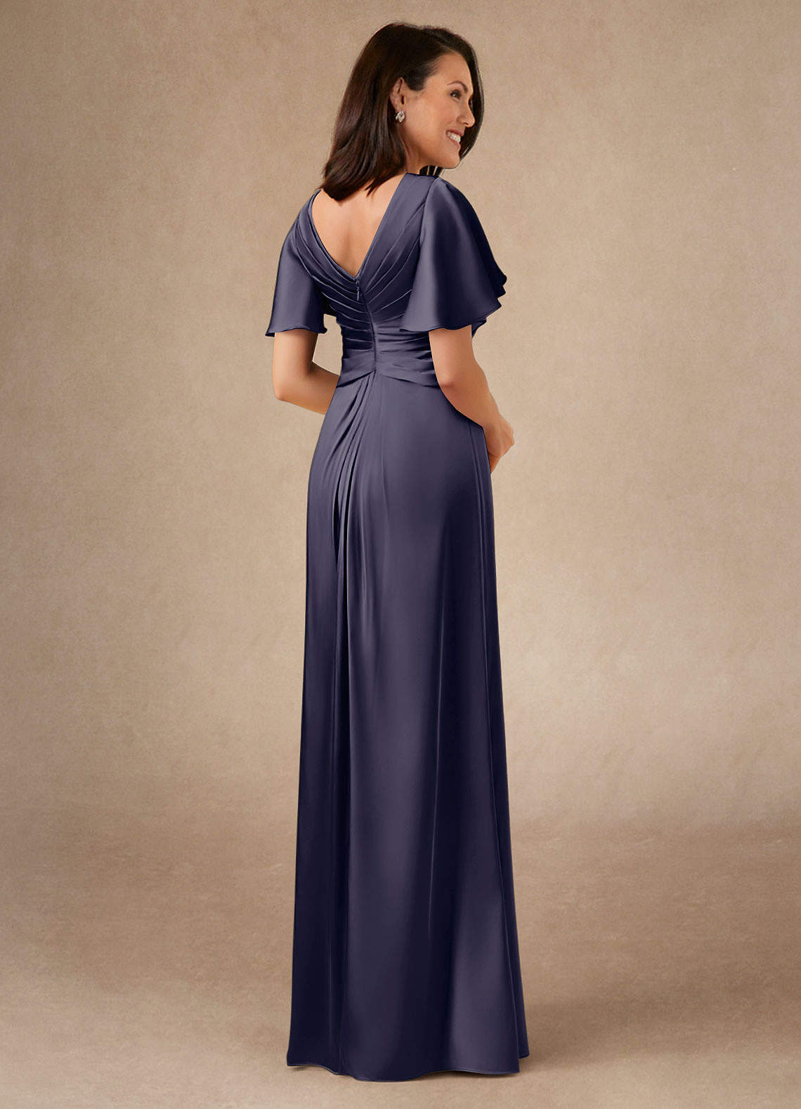 Azazie Emmeline Mère de la mariée Robes Robe Trapèze en Satin extensible Plissée Bleu Orageux image1