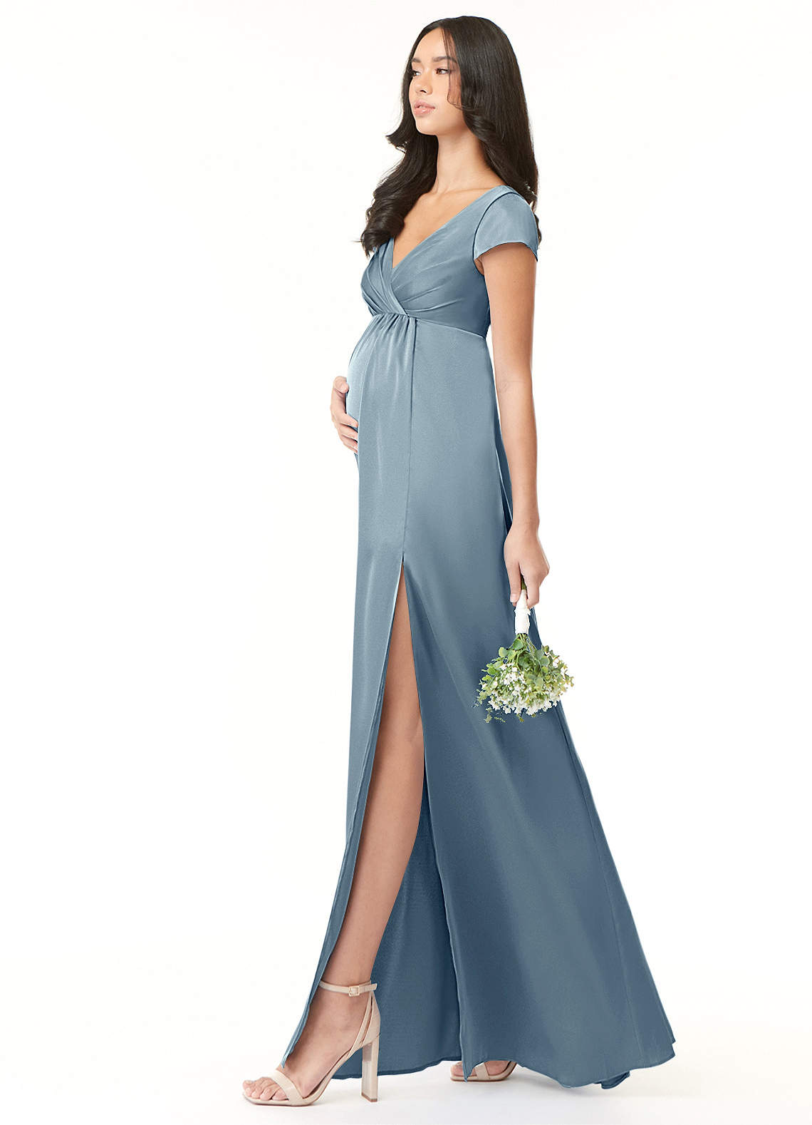 Azazie Allessia Maternity Bridesmaid Dresses A-Line Pleated Stretch Satin Floor-Length Dress image3