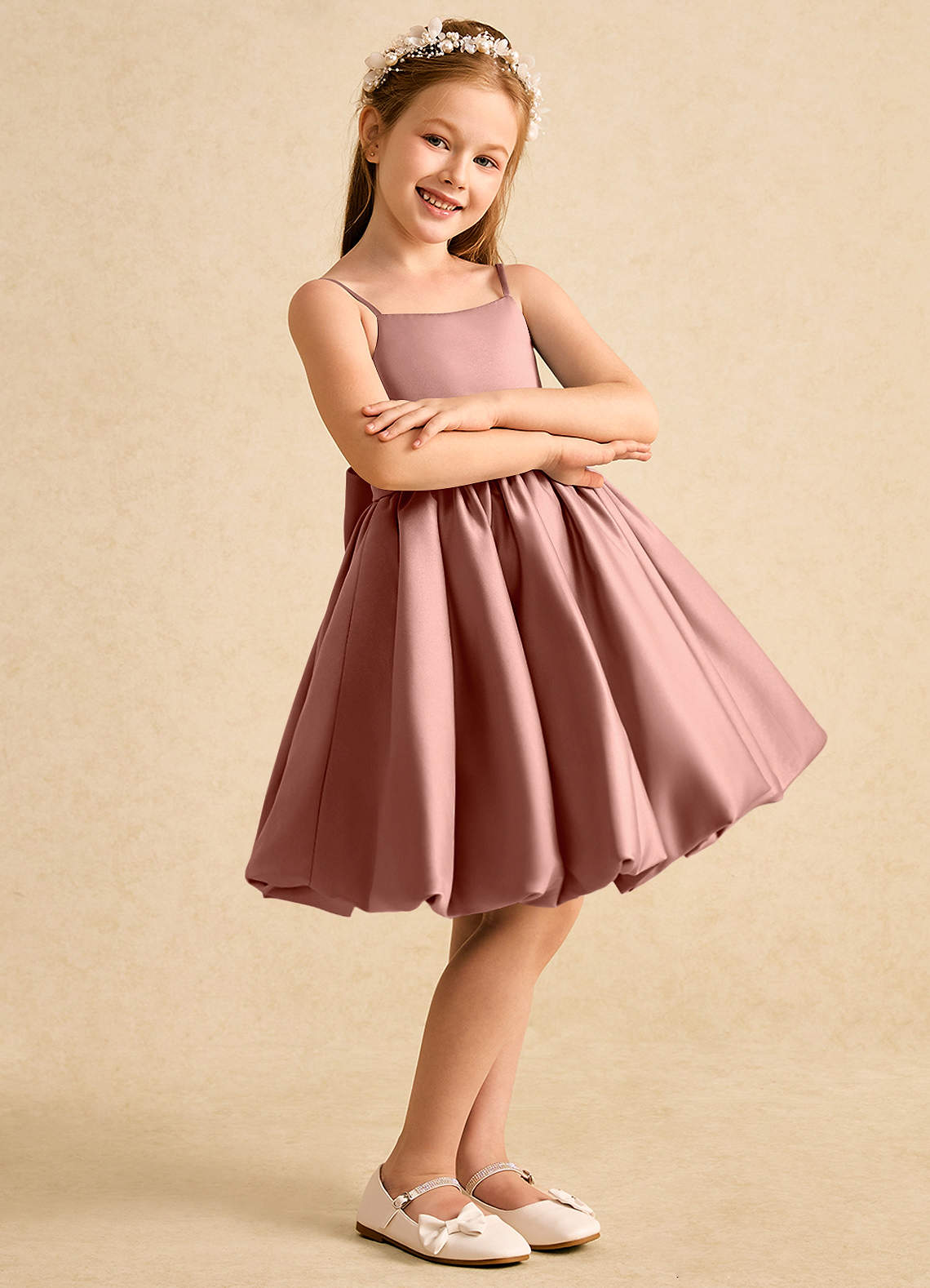 Azazie Davine vestidos de niña de las flores Vestido de Rosa De Cedro de Satin Mate de Corte En A con Tirante Espagueti image5
