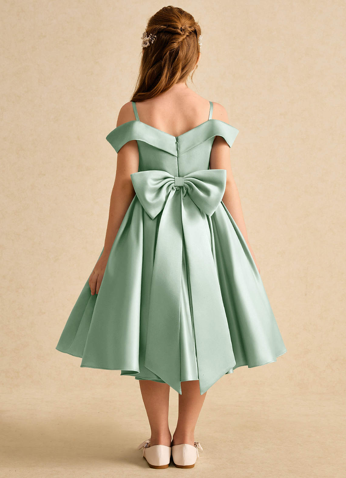Azazie Favia Flower Girl Dresses Agave A-Line Off the Shoulder Matte Satin Dress image1
