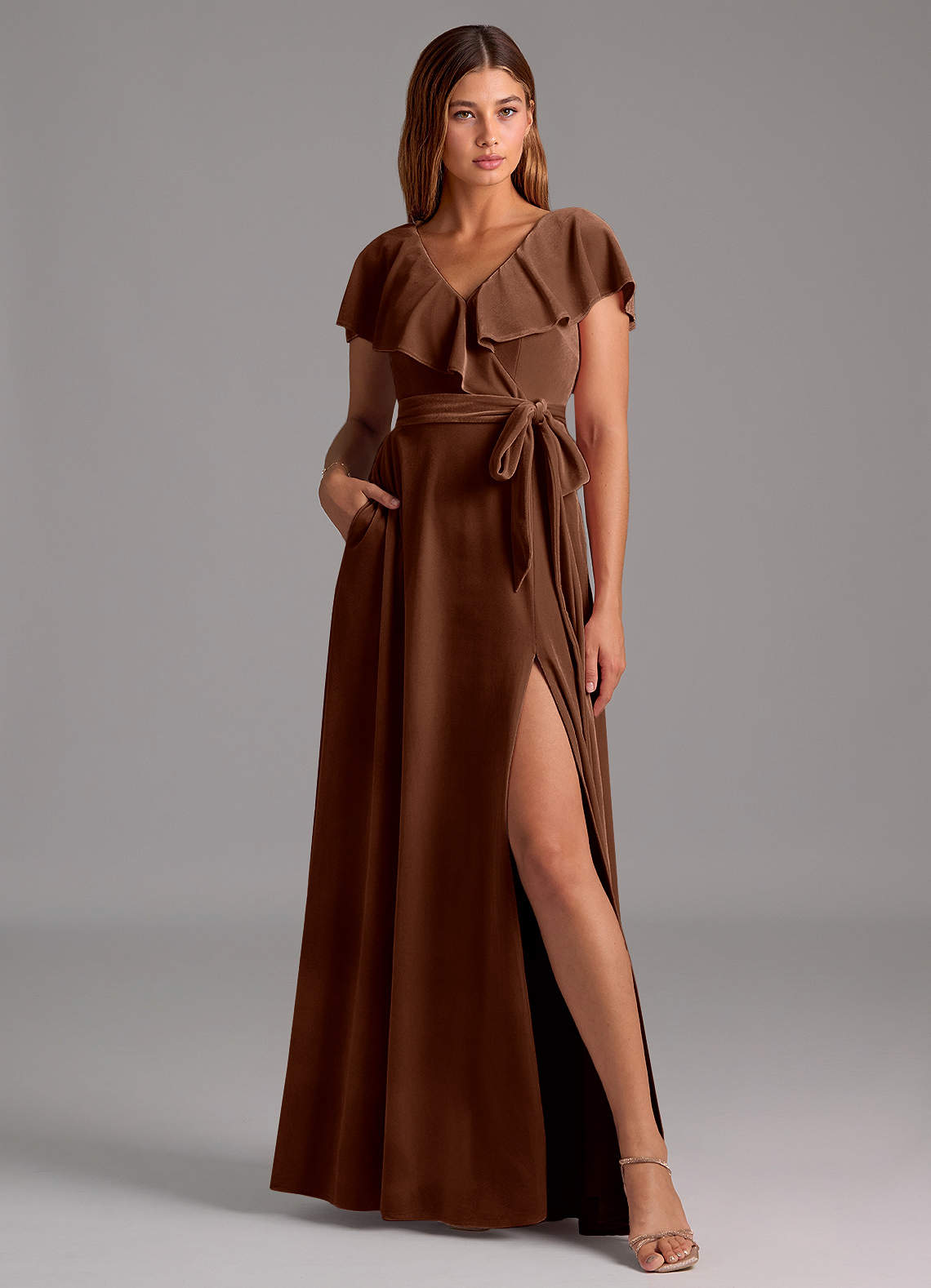 Azazie Lainey Bridesmaid Dresses Umber A-Line Ruched Velvet Dress image1