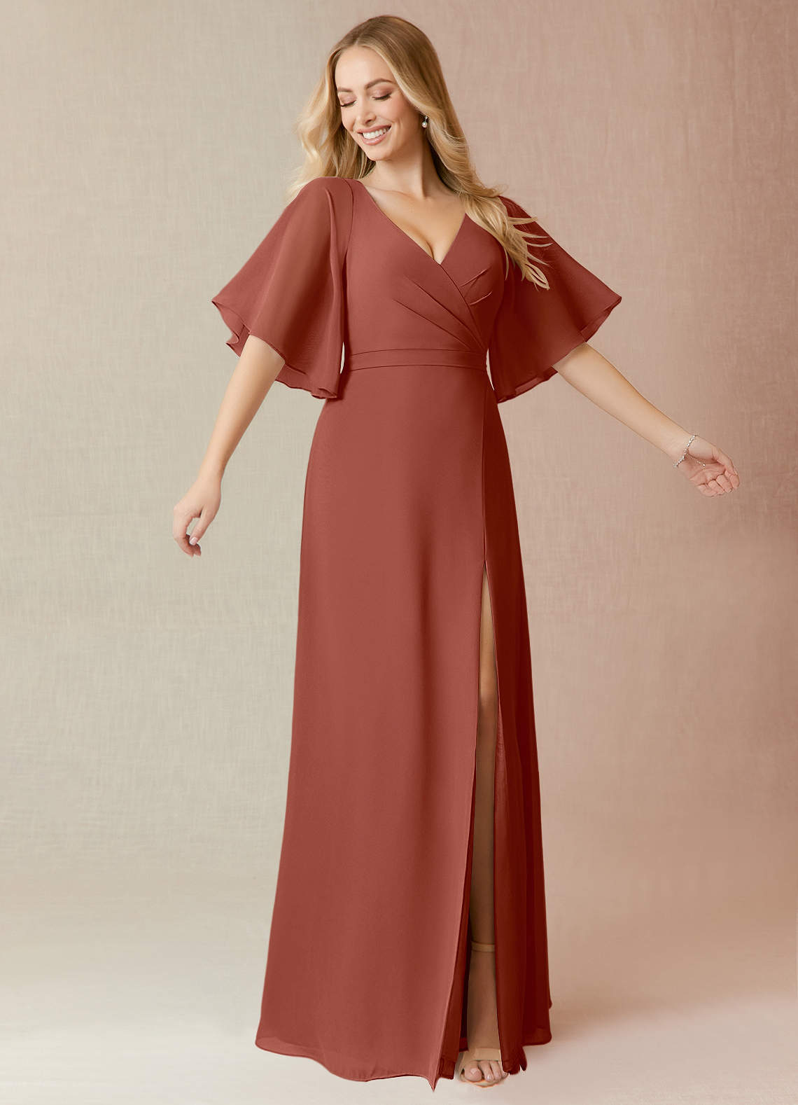 Azazie Cierra Bridesmaid Dresses Auburn A-Line V-Neck Chiffon Dress image1