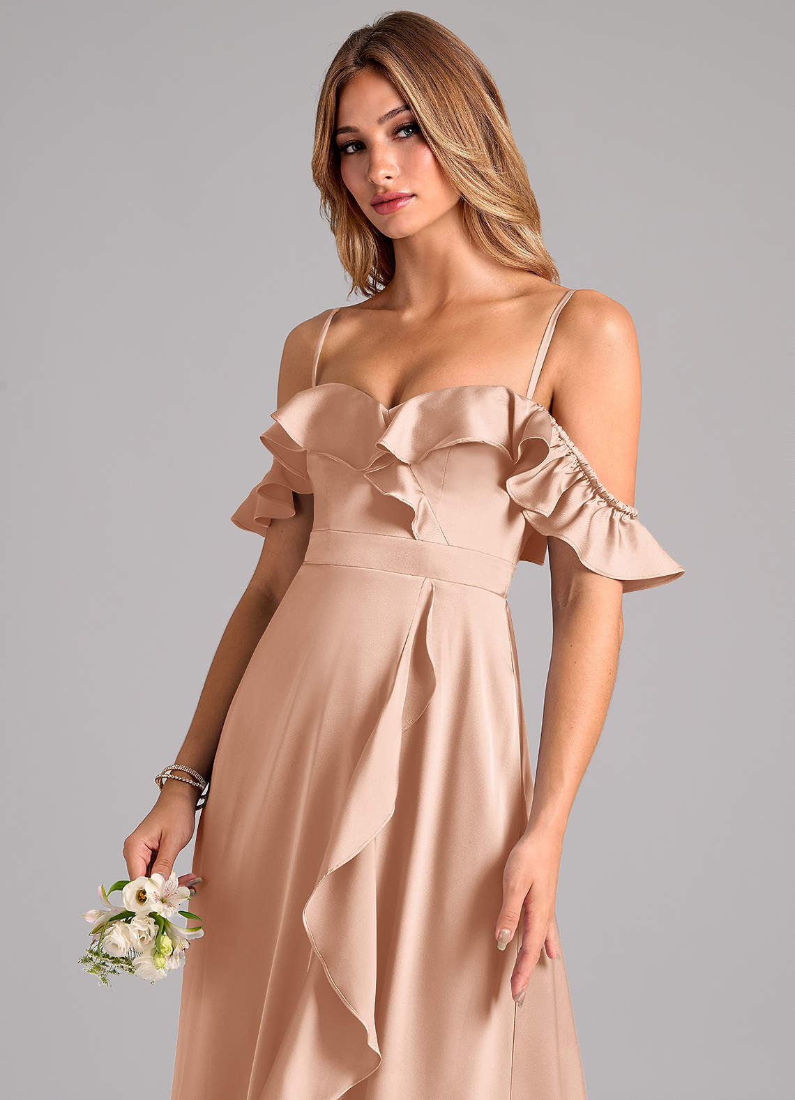 Azazie A-Line Off The Shoulder Floor-Length Stretch Satin Bridesmaid Dresses - Rose Gold