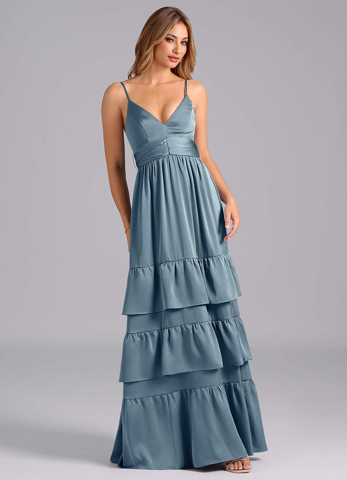 Azazie Nathalia Bridesmaid Dresses Dusty Blue A-Line Pleated Stretch Satin Dress image1