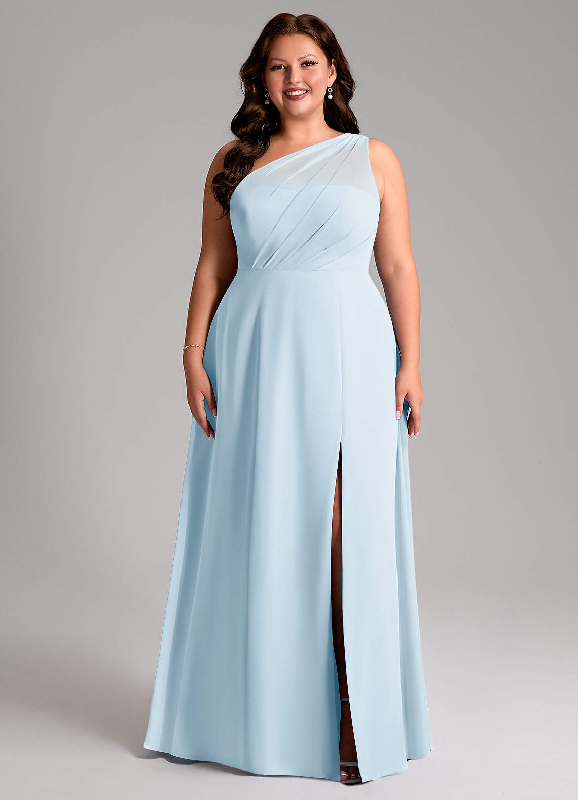 Azazie Phaedra Vestidos de damas de honor Vestido de Azul Cielo de Gasa de Corte en A con Hombro unilateral image1