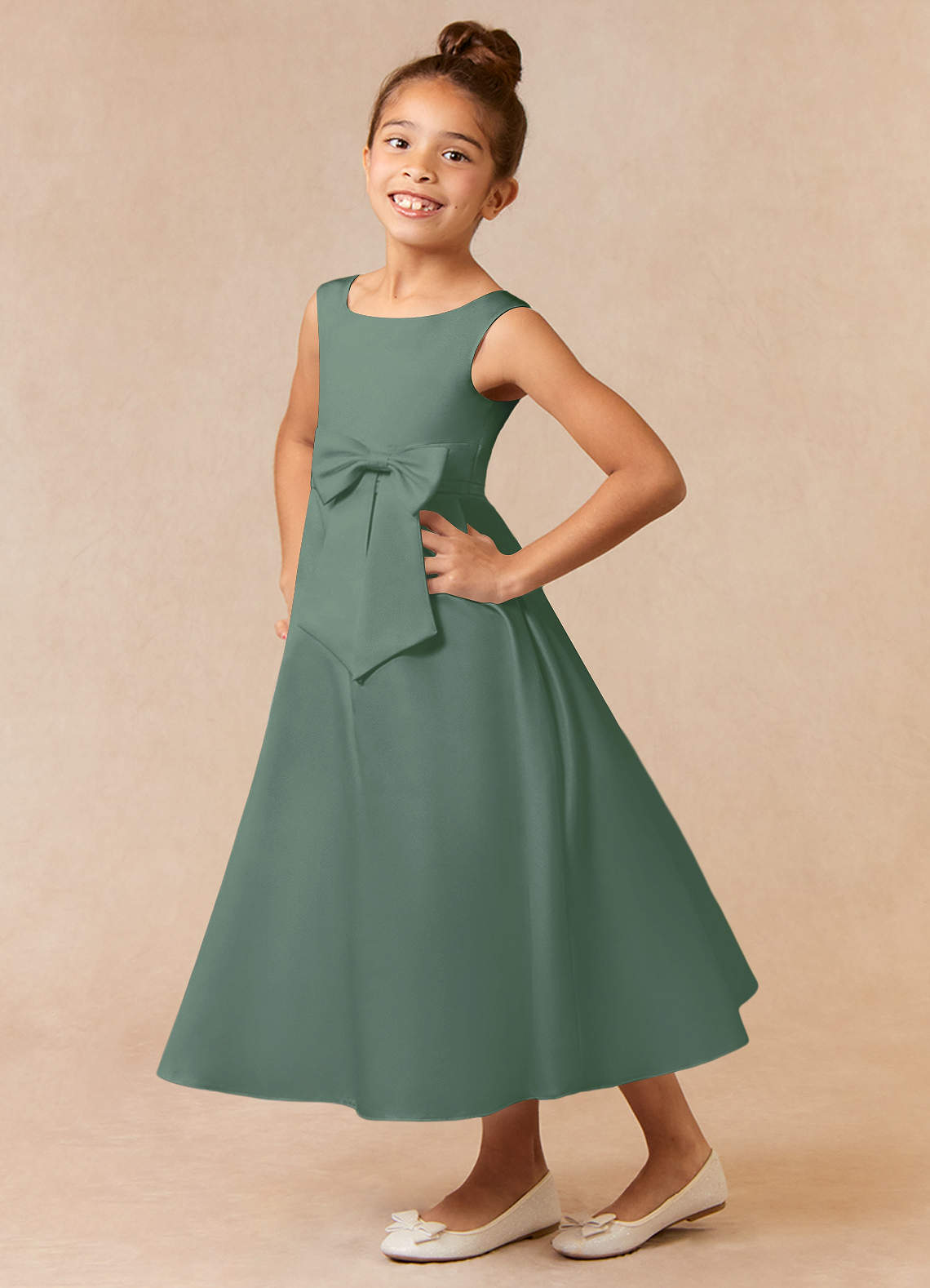 Azazie Lindy Flower Girl Dresses Eucalyptus A-Line Pleated Matte Satin Dress image1