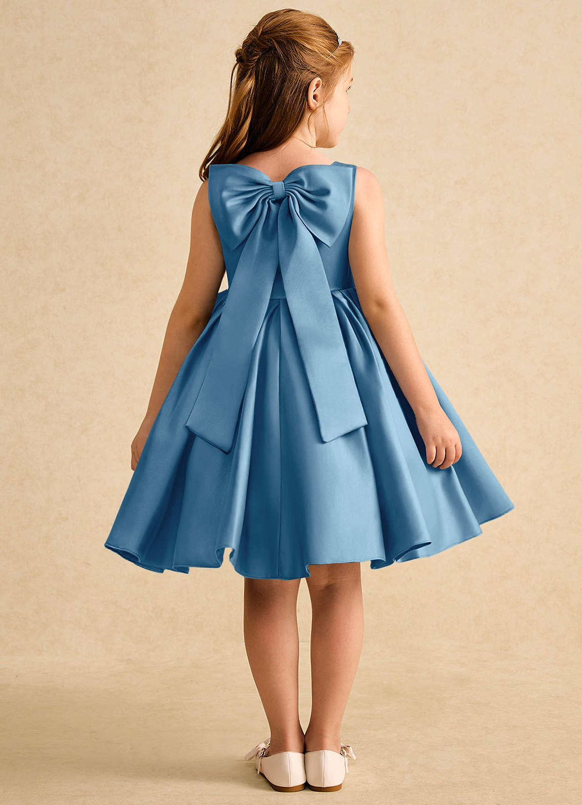 Azazie Jessie vestidos de niña de las flores Vestido de Azul Acero de Satin Mate de Corte En A con Lazo image1