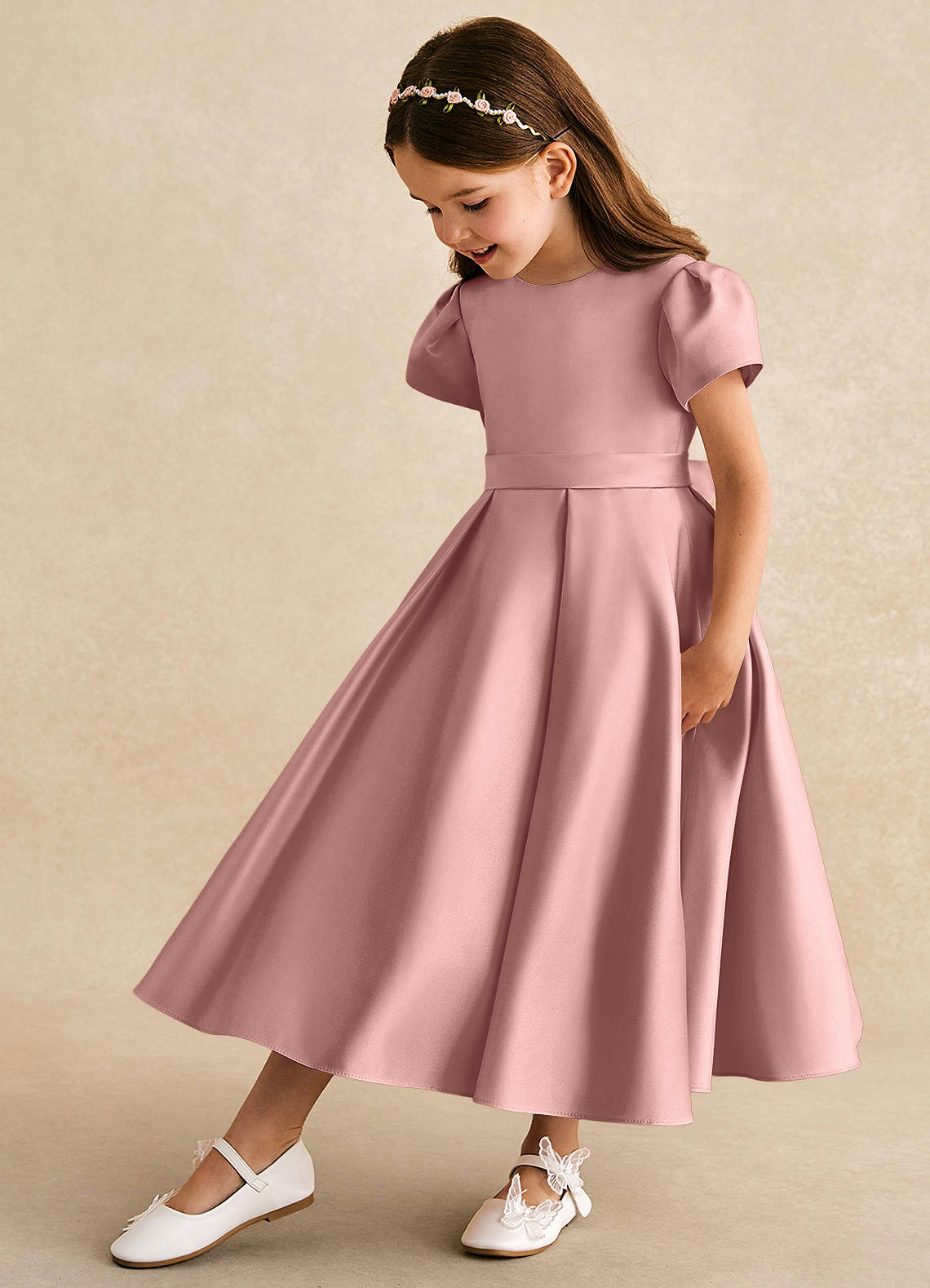 Azazie Princess Flower Girl Dresses Rose Gold A-Line Pleated Matte Satin Dress image1