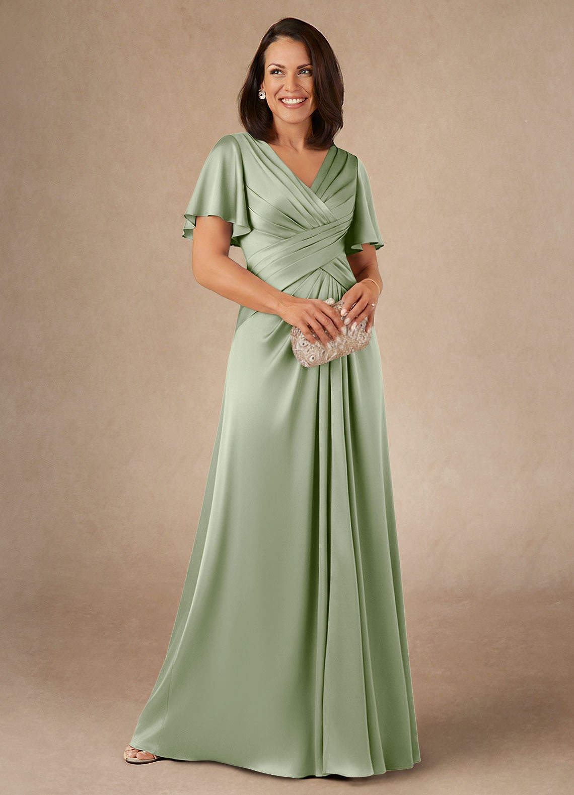 Azazie Emmeline Mother of the Bride Dresses Dusty Sage A-Line Pleated Stretch Satin Dress image1