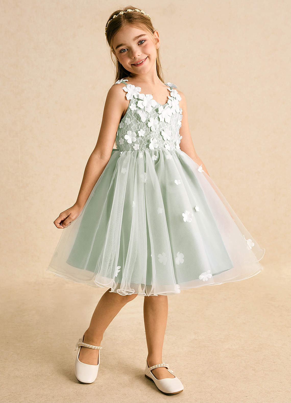 Azazie Junebug Flower Girl Dresses Ivory Dusty Sage Ball-Gown Lace Tulle Dress image1