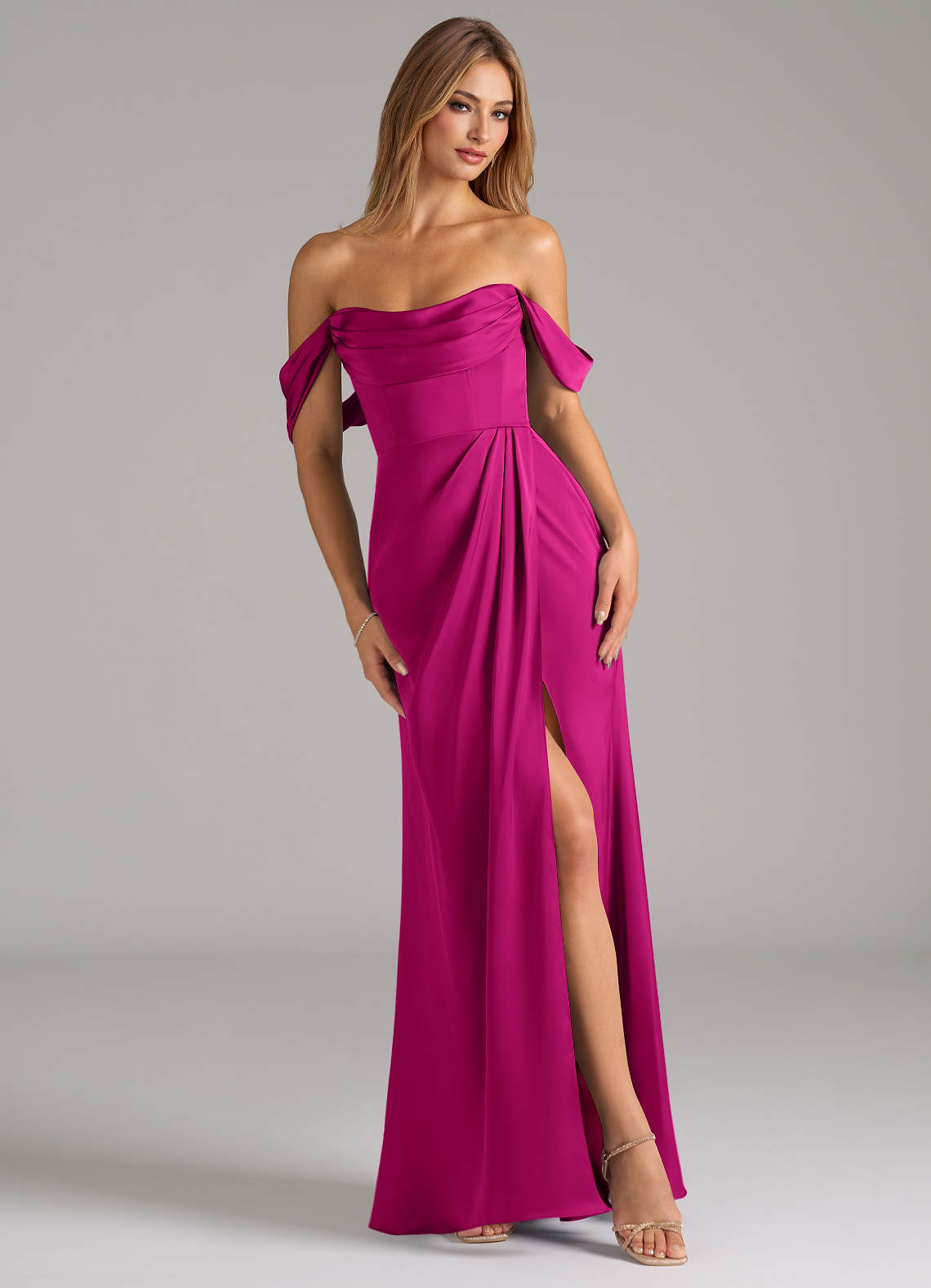 Azazie Johana Bridesmaid Dresses Fuchsia Mermaid Off the Shoulder Stretch Satin Convertible Dress image1