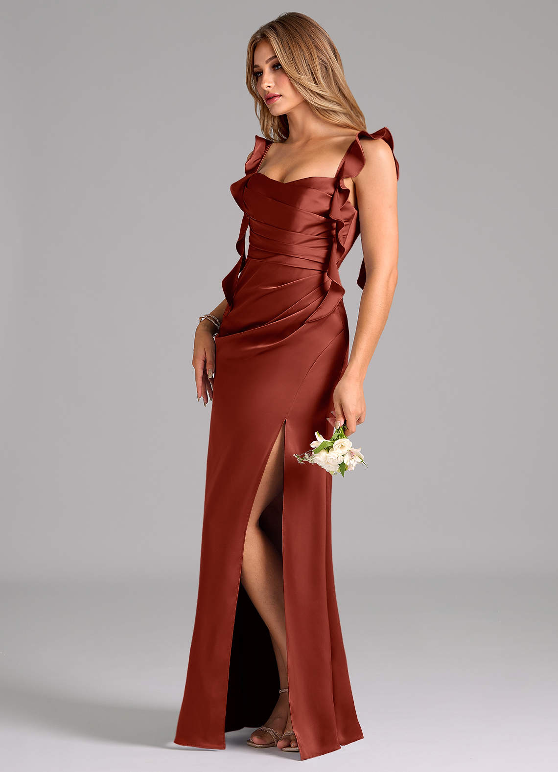 Azazie Jessamine Robes de demoiselle d'honneur Robe Fourreau en Satin extensible Corset Terracotta image4