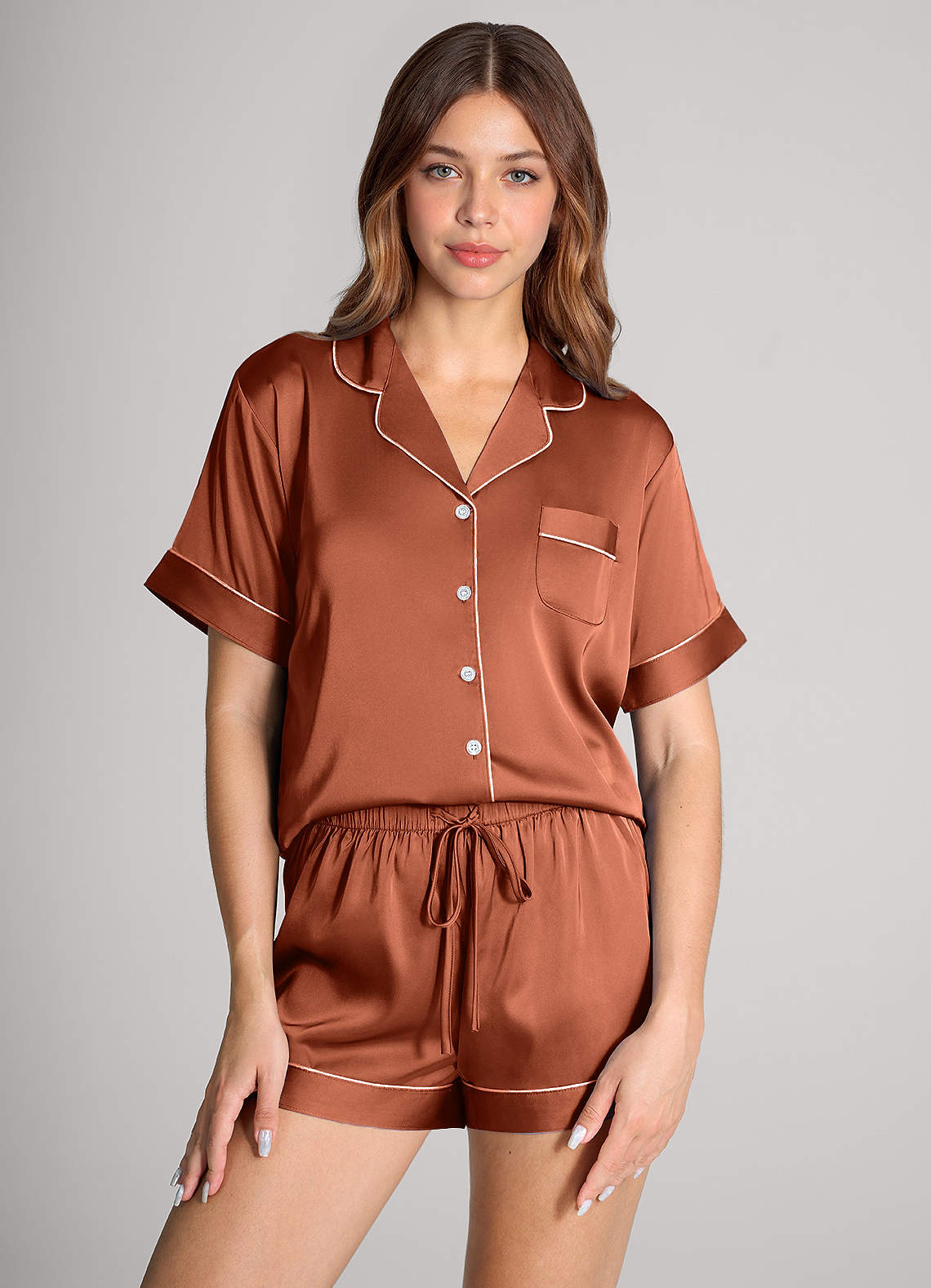 front Matching Color Satin Contrast Piping Pajama Set