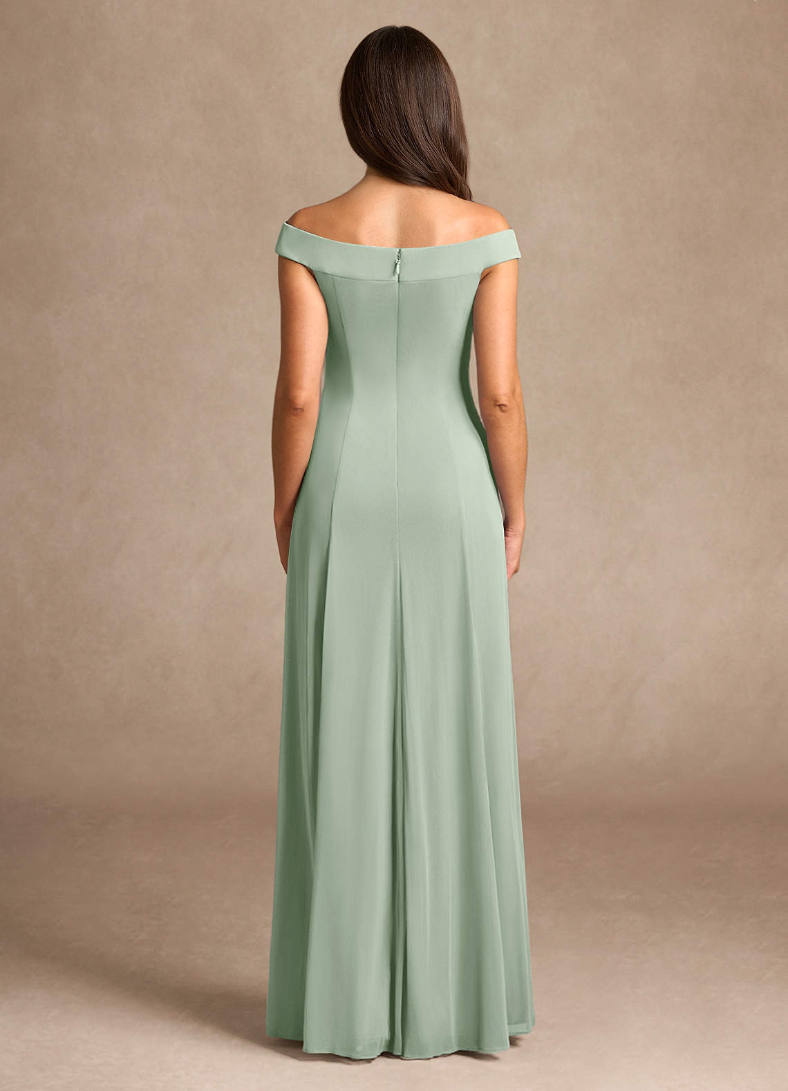 Azazie Ewa Mother of the Bride Dresses Dusty Sage A-Line Off the Shoulder Mesh Dress image2