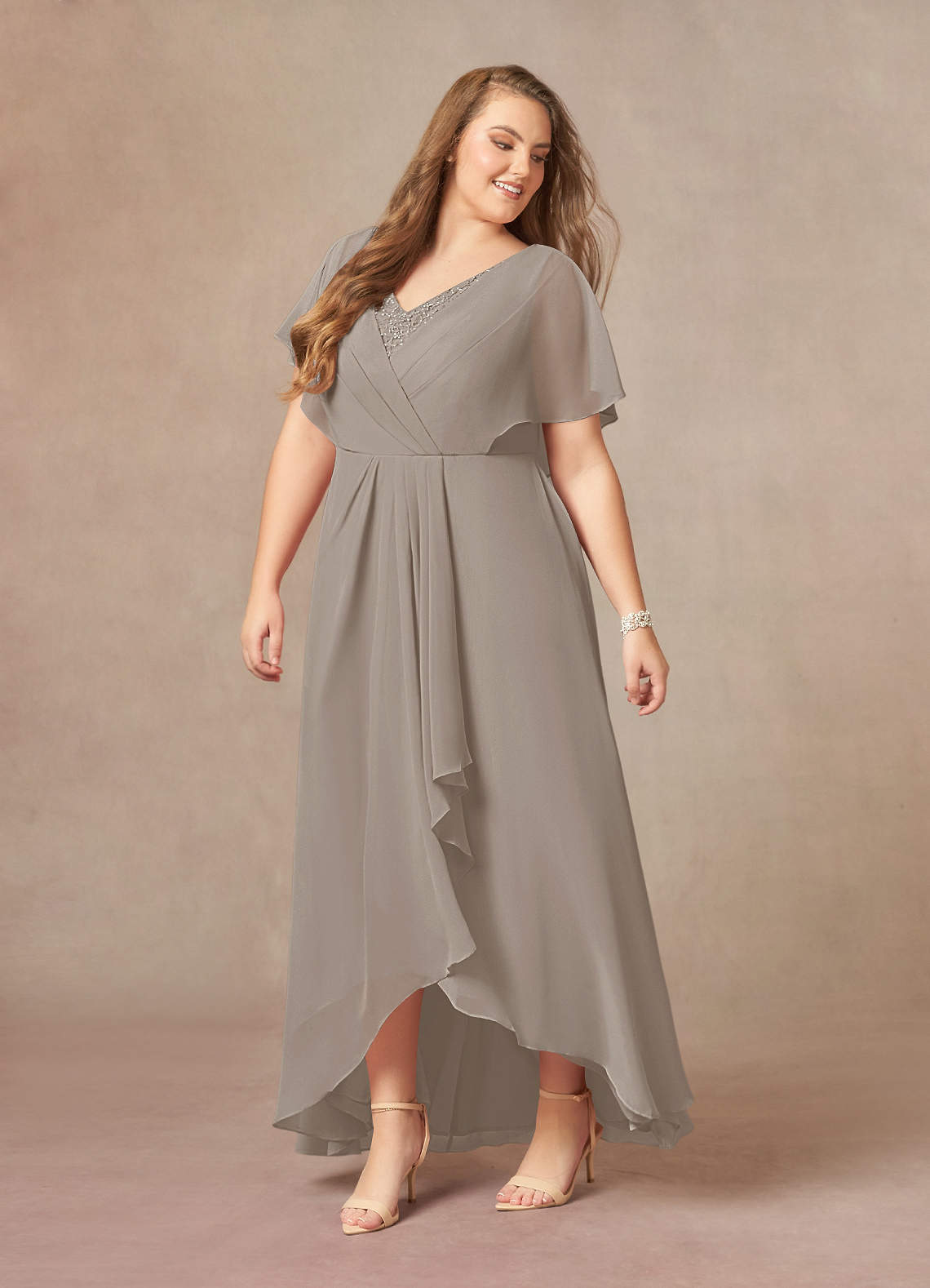 V-neck Pleated A-line Tea-length Chiffon Dress Azalea