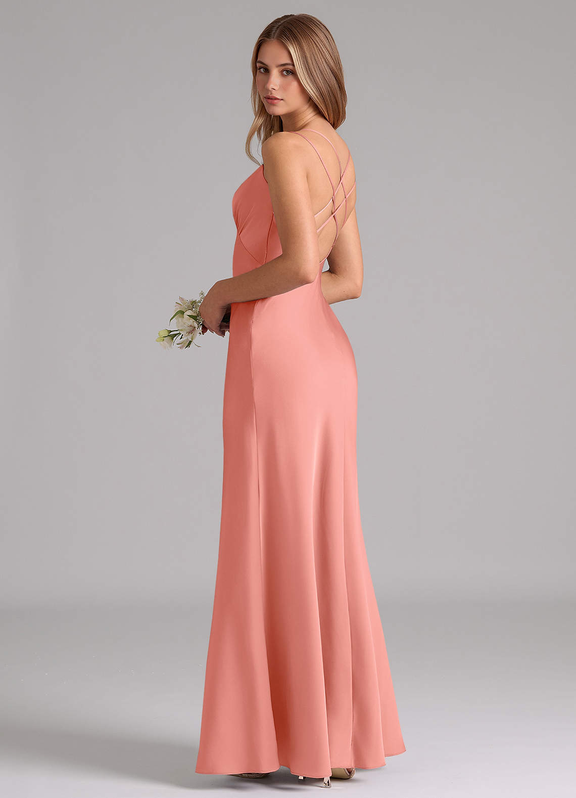 Azazie Suttona Bridesmaid Dresses Coral A-Line Pleated Stretch Satin Dress image1