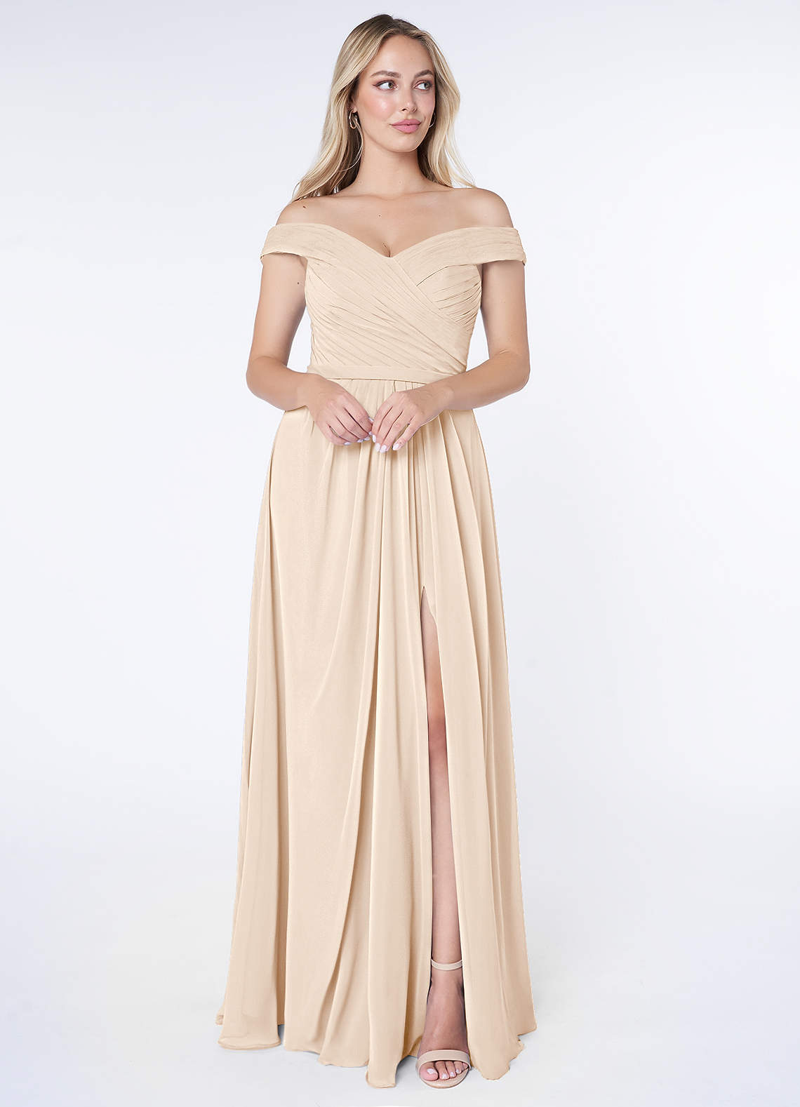 Azazie Audrianna Brautjungfernkleider Wandelbar A-Linie Schulterfrei gerafft Chiffon Kleid Alabaster Weiß image1