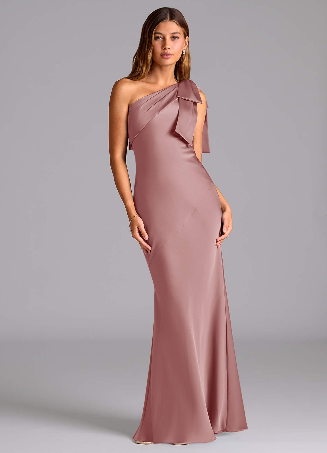 dusty rose one shoulder bridesmaid dress Azazie Charlize