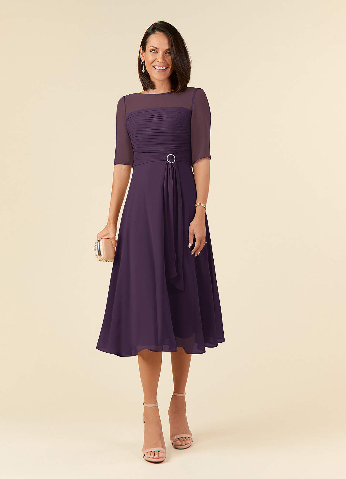 Azazie Naomi Mother of the Bride Dresses Plum A-Line Boatneck Pleated Chiffon Dress image1