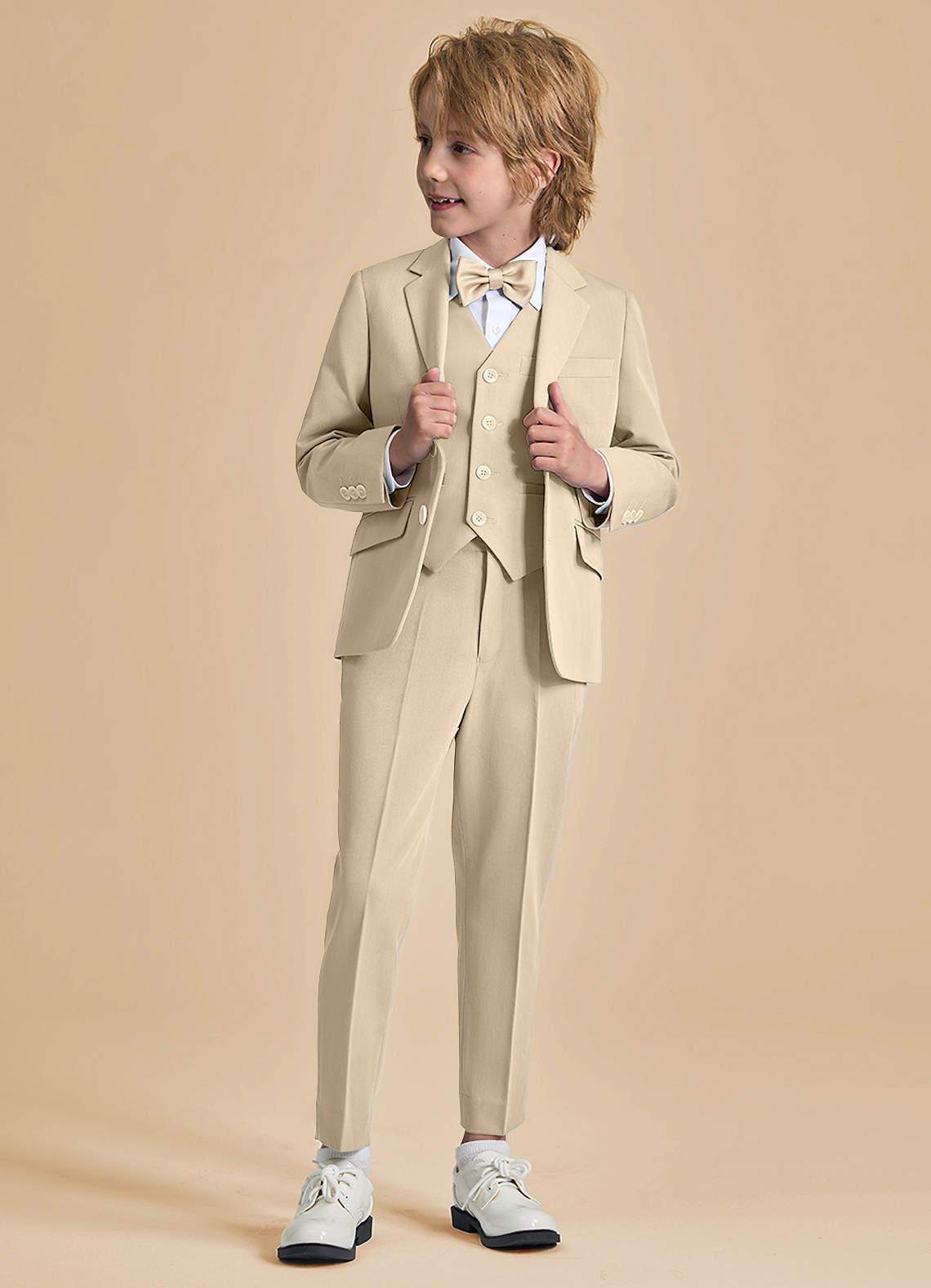 front Oliver Boys Tan 5-Piece Suit With Bow Tie