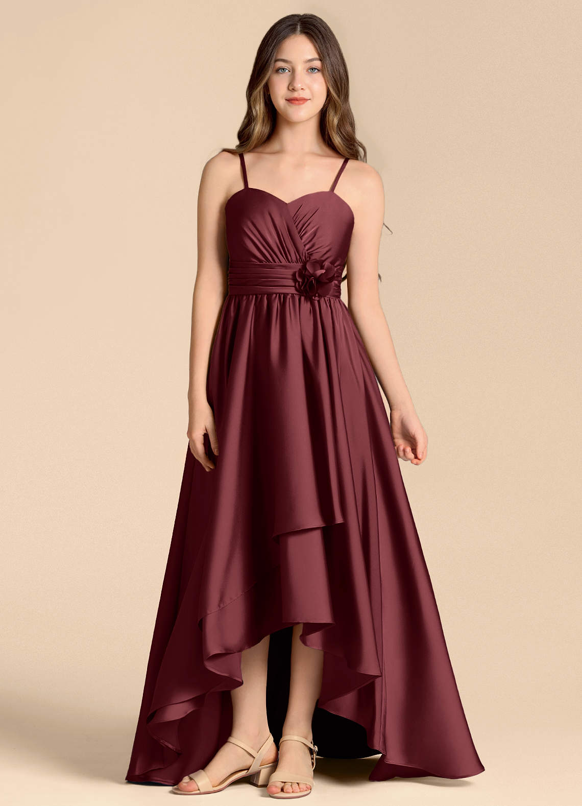 Azazie Catalina Junior A-Linie Herzausschnitt Stretch-Satin Kleid Merlot image1