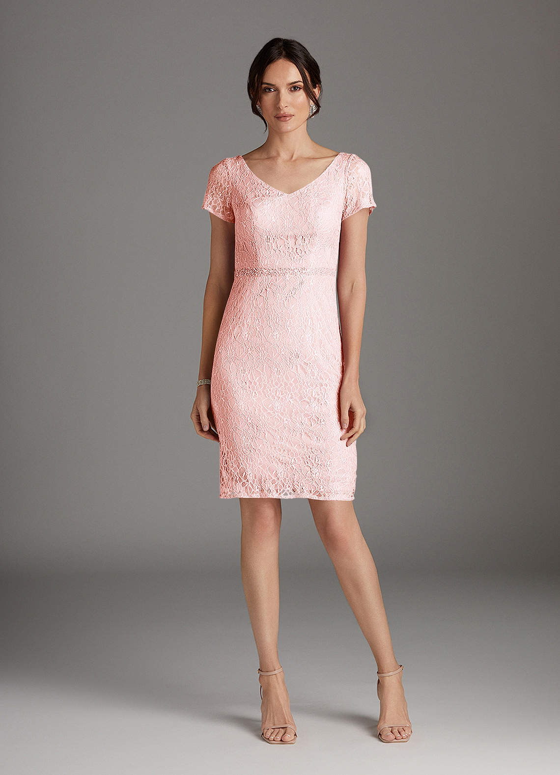 Azazie Lucilia Blushing Pink Sheath Lace Dress Ready to Ship | Azazie CA