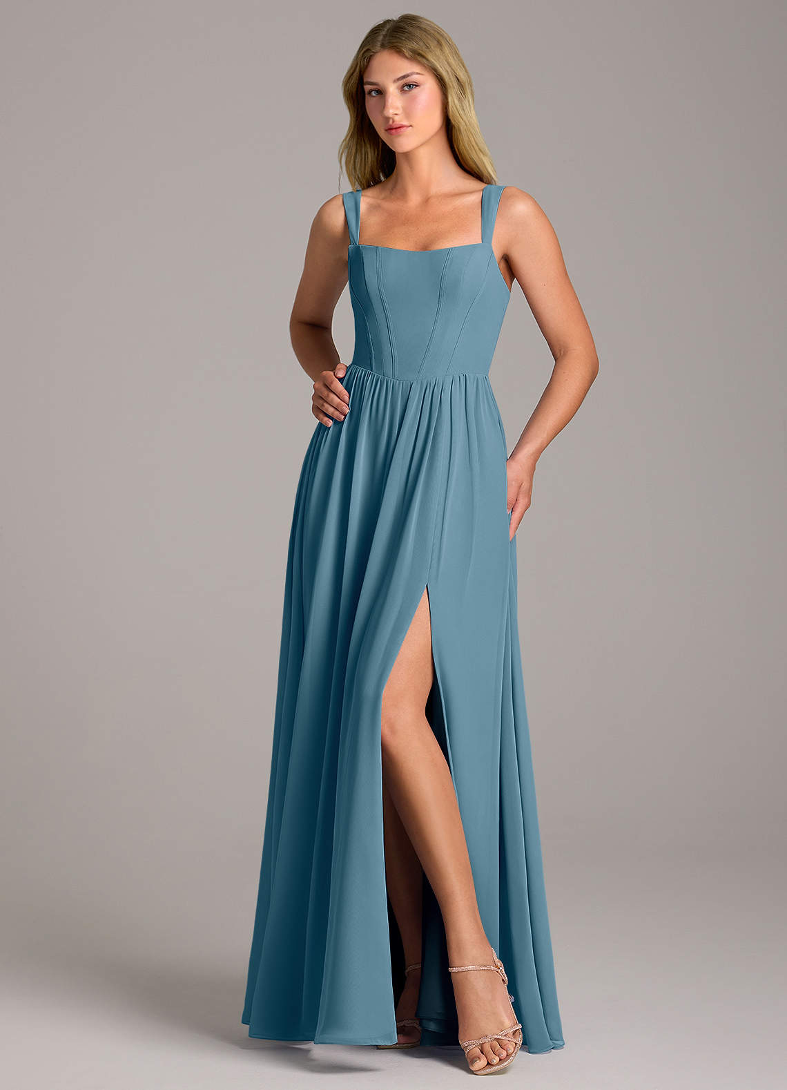 Azazie Rosaline Klänningar att prova hemma Klä av A-Linje i Chiffong Sidoslits Eukalyptus image4