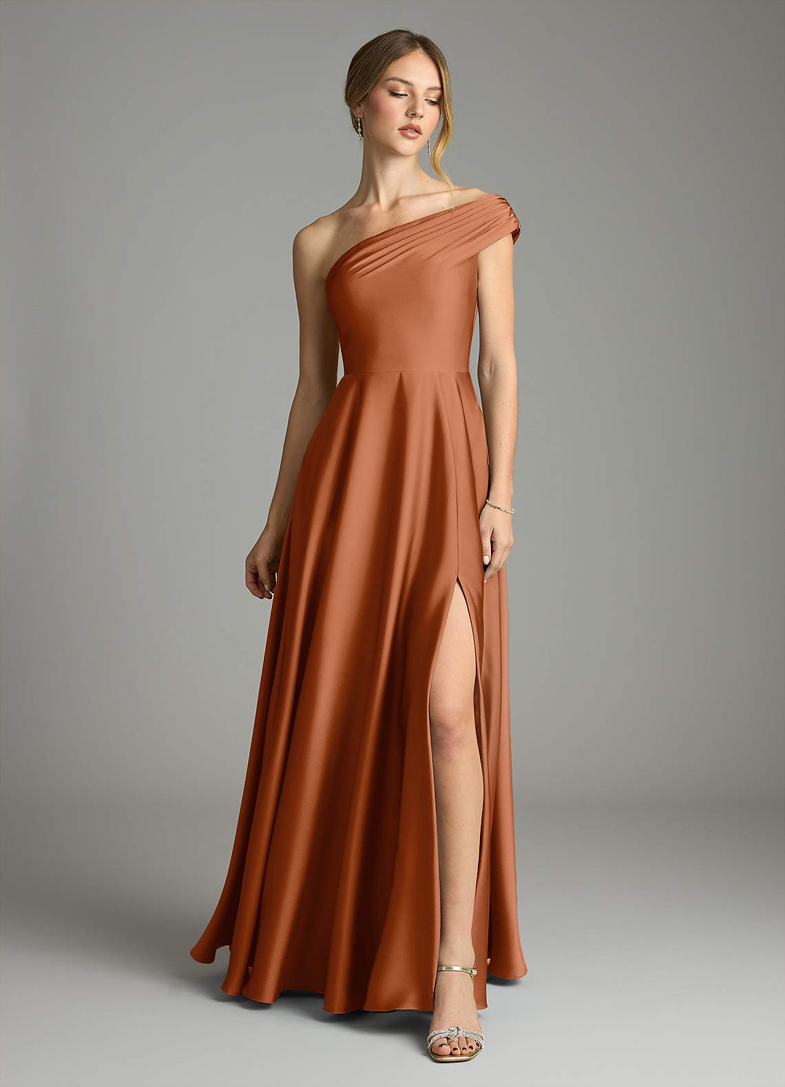 Azazie Melanie Copper Stretch Satin Bridesmaid Dresses | Azazie
