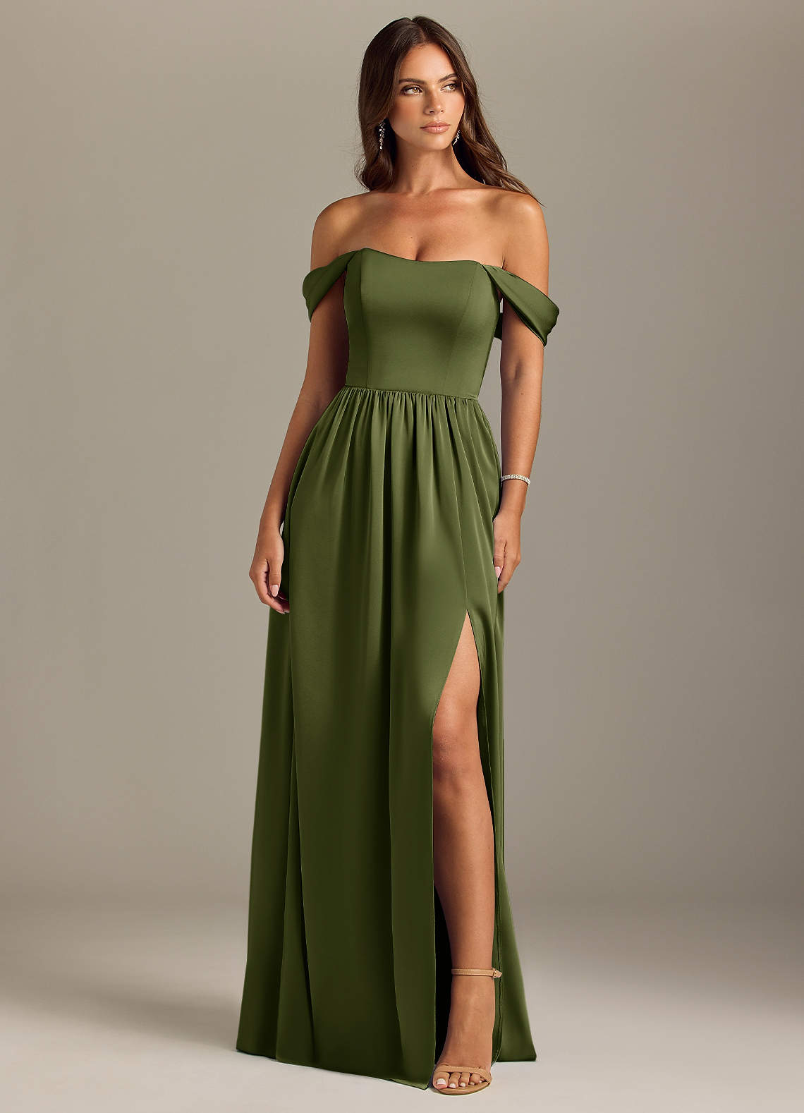 Azazie Calianna Bridesmaid Dresses Olive A-Line Off the Shoulder Stretch Satin Convertible Dress image1