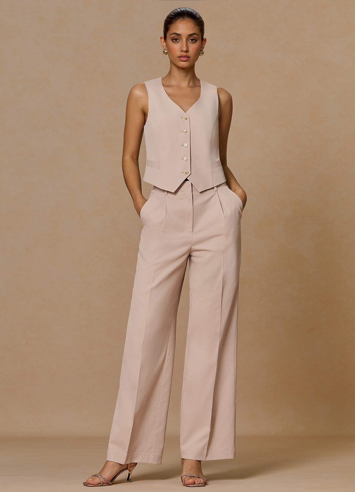 front Margaret Bronceado Traje de 3 piezas de mezcla de algodón y lino