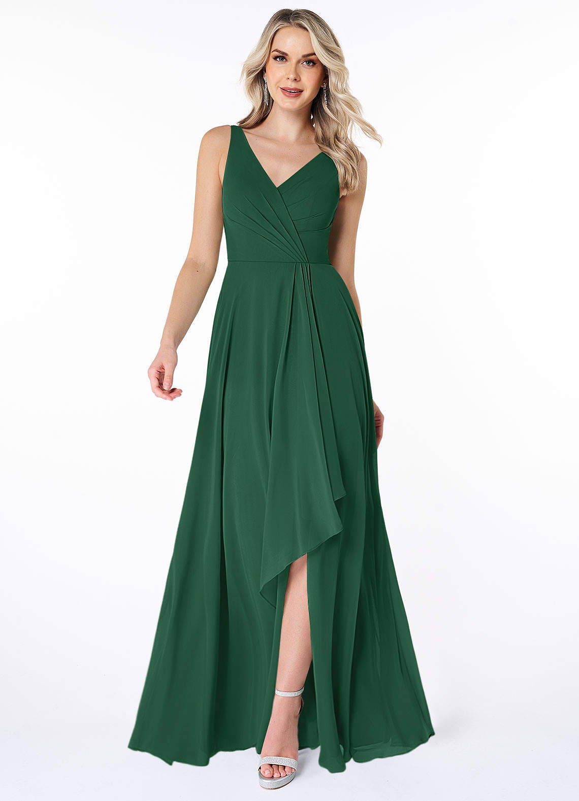 Azazie Calvi Bridesmaid Dresses Dark Green A-Line Ruched Chiffon Dress image1