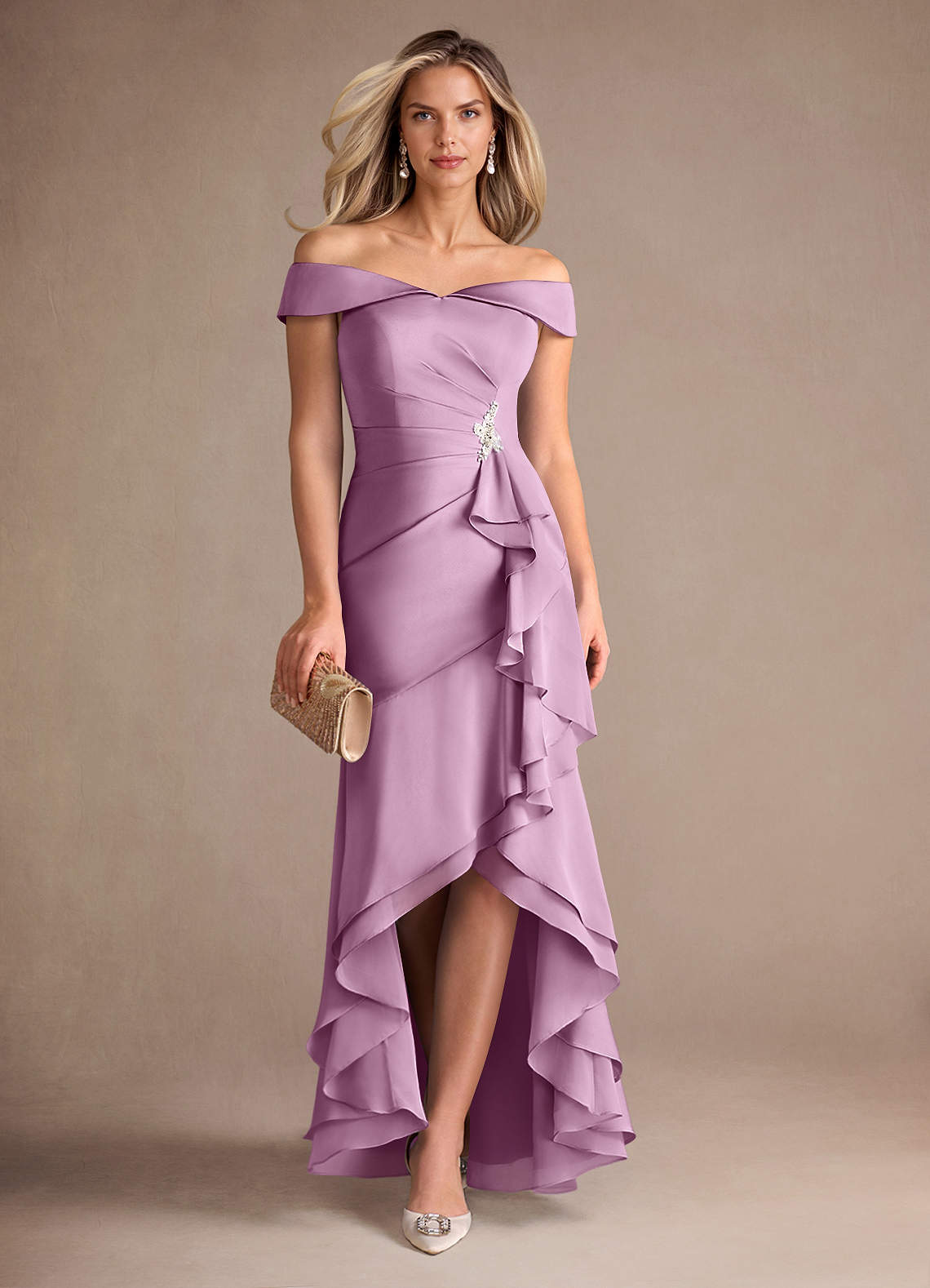 Azazie Billings Mother of the Bride Dresses Wisteria Mermaid Off the Shoulder Stretch Satin Dress image1