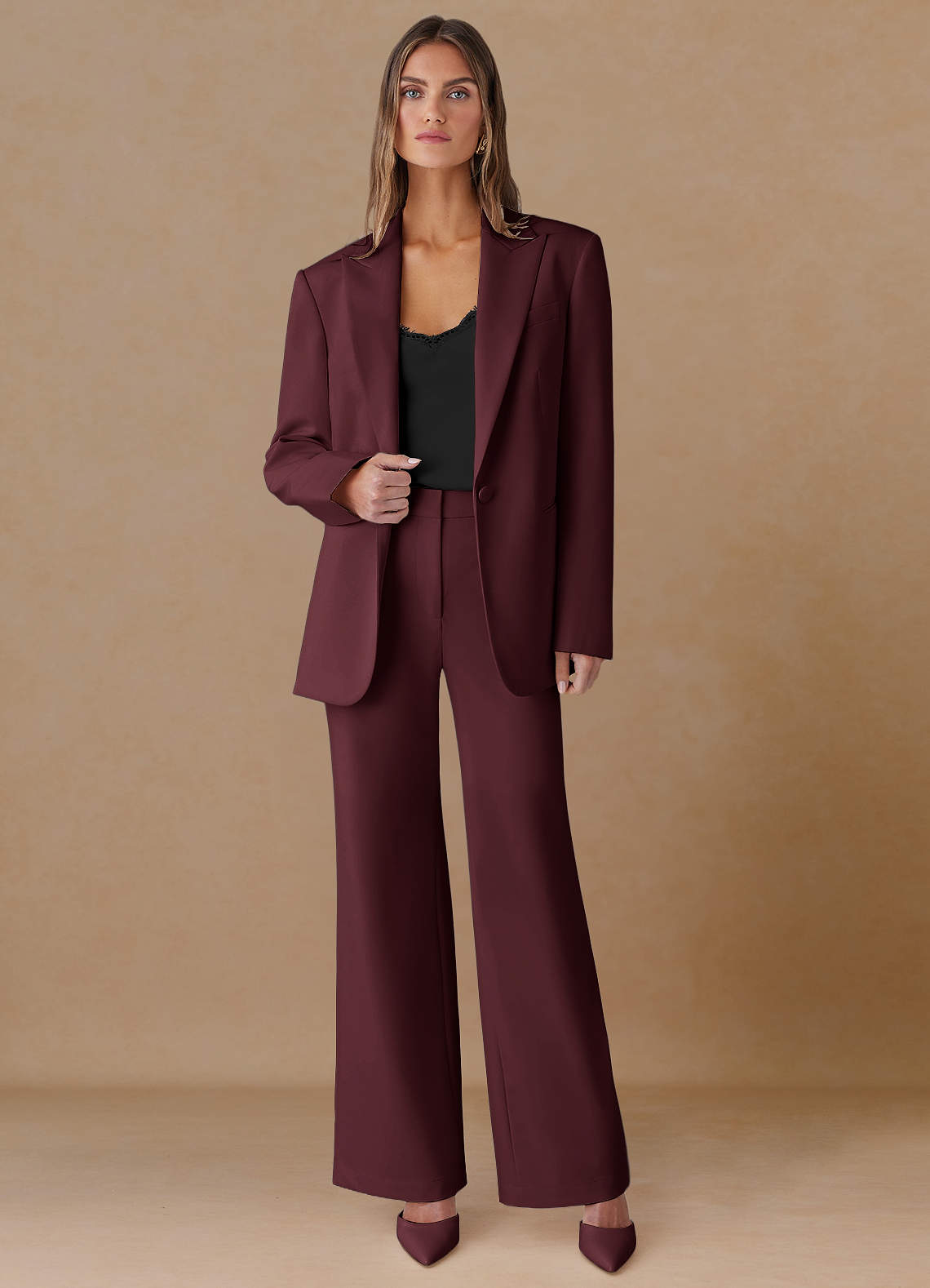 front Marina Cabernet Refined Weave Straight-Leg Pants