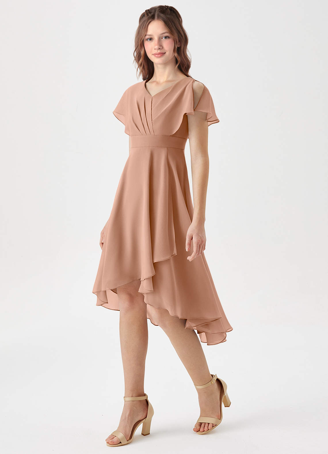 Azazie Graciela Junior Champagne Rose A-Line Pleated Chiffon Dress image1