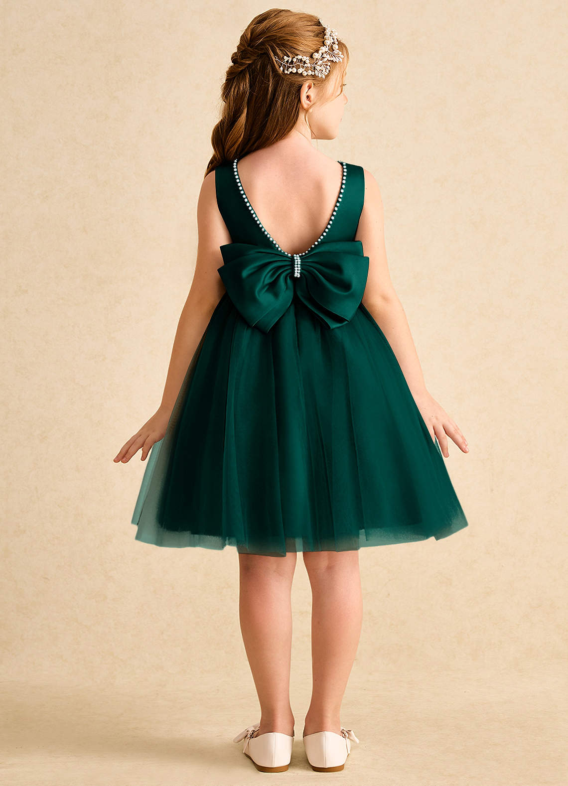 Azazie Jani Flower Girl Dresses Pine A-Line Bow Tulle Dress image1