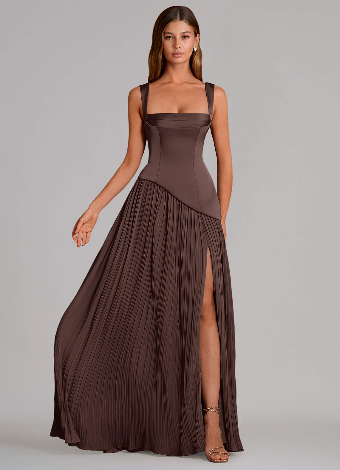 Azazie Stephanie Bridesmaid Dresses Ganache A-Line Pleated Stretch Satin Dress image3