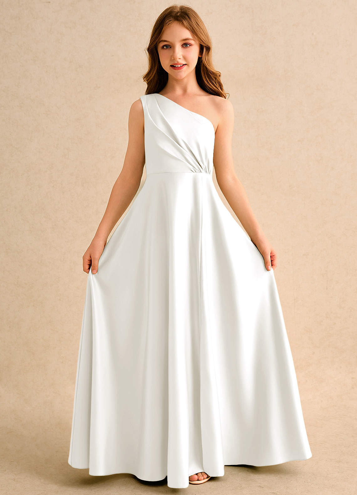 Azazie Puddles Girls Formal Flower Girl Dresses Ivory A-Line One Shoulder Matte Satin Dress image4