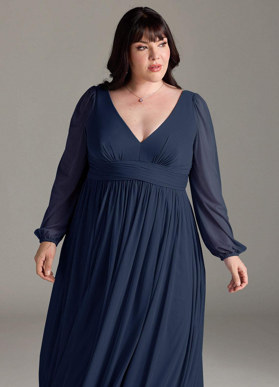 Azazie Norah Bridesmaid Dresses Dark Navy A-Line V-Neck Long Sleeve Chiffon Dress image11
