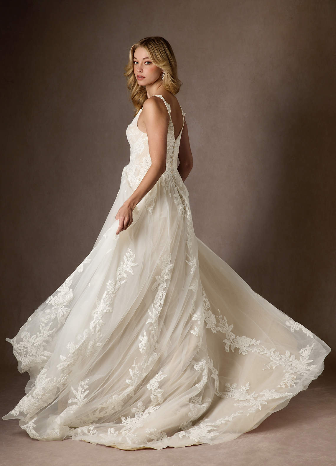 Azazie Delaina Wedding Dresses Diamond White Champagne A-Line V-Neck Sequins Tulle Dress image9