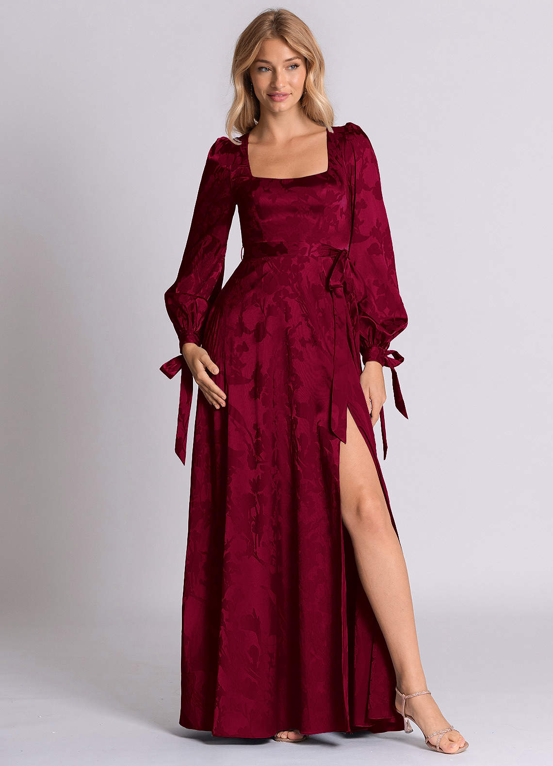 Azazie Leonia 신부 들러리 드레스 A라인 긴팔 자카드 바닥 길이 드레스 image1