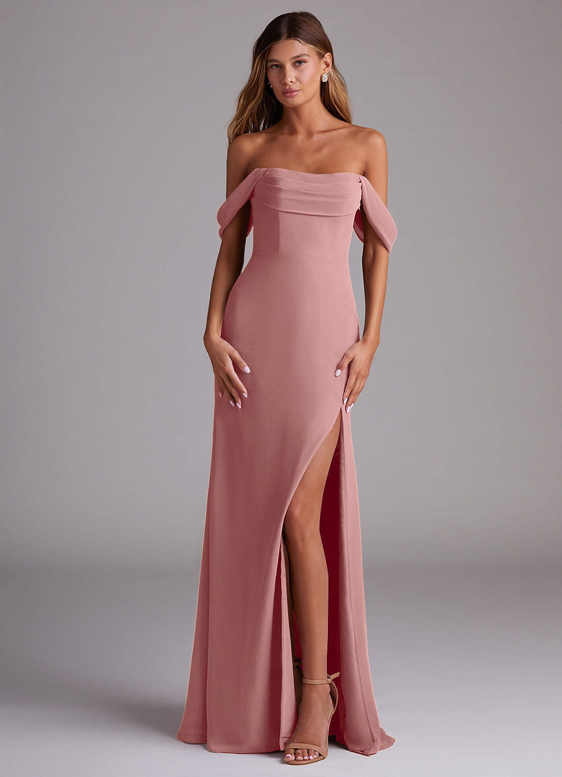 Azazie Saige Bridesmaid Dresses Dusty Rose A-Line Off the Shoulder Chiffon Convertible Dress image1