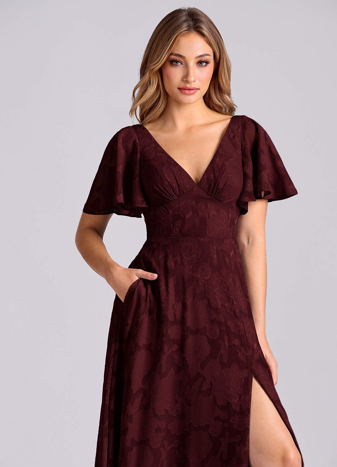 Azazie Kimber Bridesmaid Dresses Cabernet A-Line with Pockets Floral Burnout Dress image8